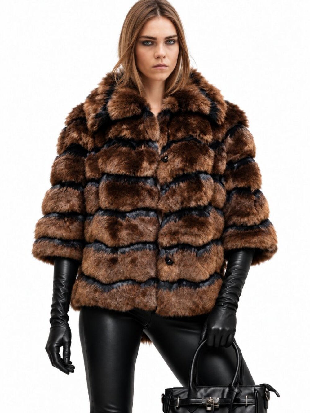 🖤💋BOHO GLAM🖤💋 70s Vibe Lux Vegan Chinchilla Fur Jacket in Brown & Black